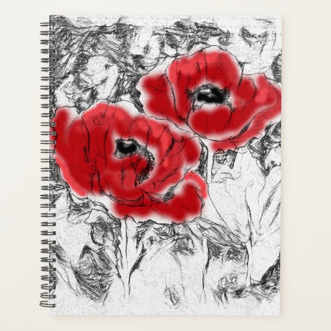 Sketched pen hand drawn red poppies flowers floral planner (Front)