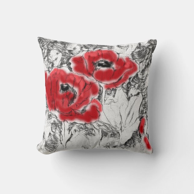 Sketched pen hand drawn red poppies flowers floral throw pillow (Front)