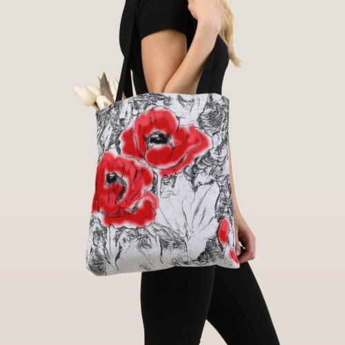Sketched pen hand drawn red poppies flowers floral tote bag