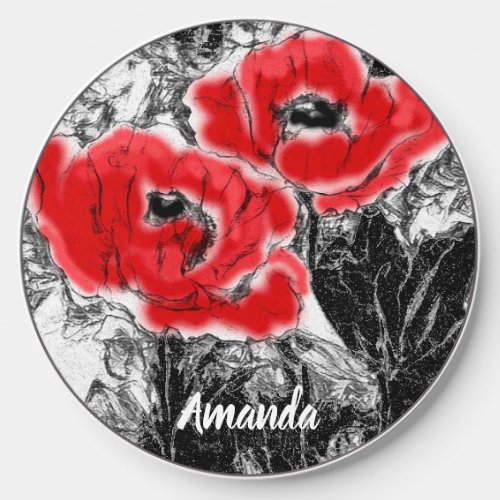 Sketched pen hand drawn red poppies flowers floral wireless charger 