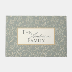Sketched Peonies Green Botanical Flower Doormat