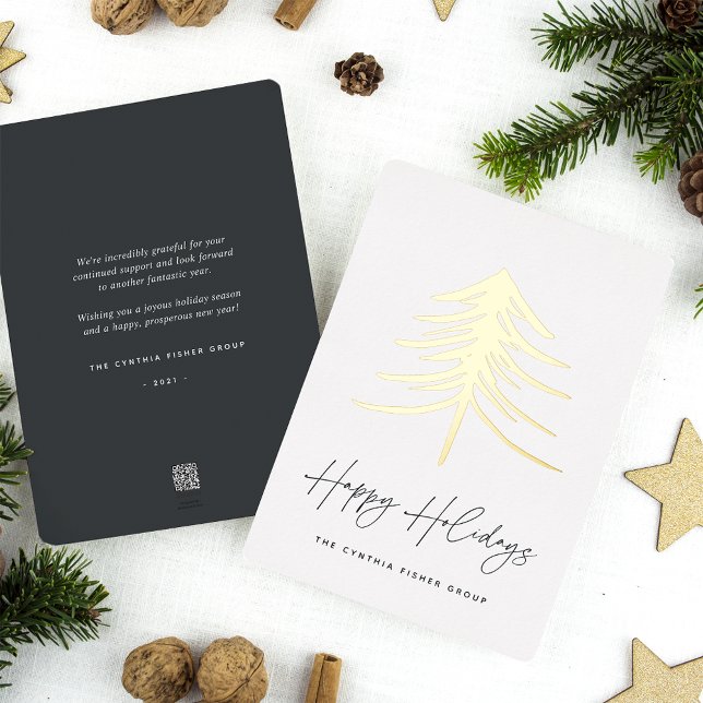 Sketched Pine | Modern Business Corporate Foil Holiday Card (Creator Uploaded)