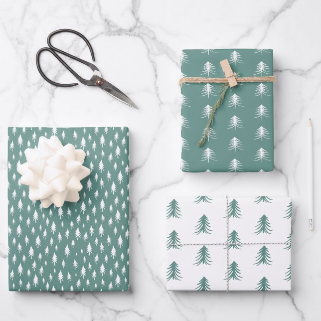 Sketched Pine Trees Coordinating Holiday Wrapping Paper Sheets (Front)
