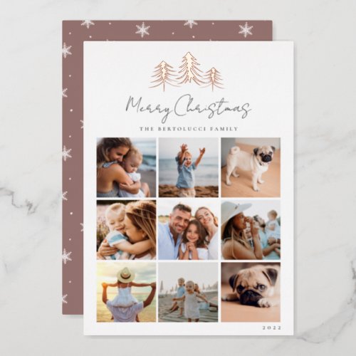 Sketched Pines Photo Collage Foil Holiday Card