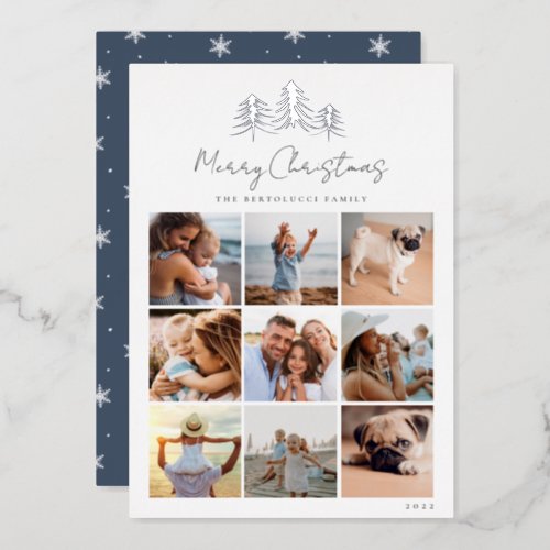 Sketched Pines Photo Collage Foil Holiday Card
