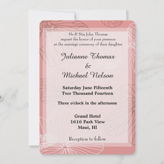 Sketched Pink Floral Wedding Invitation (Front)