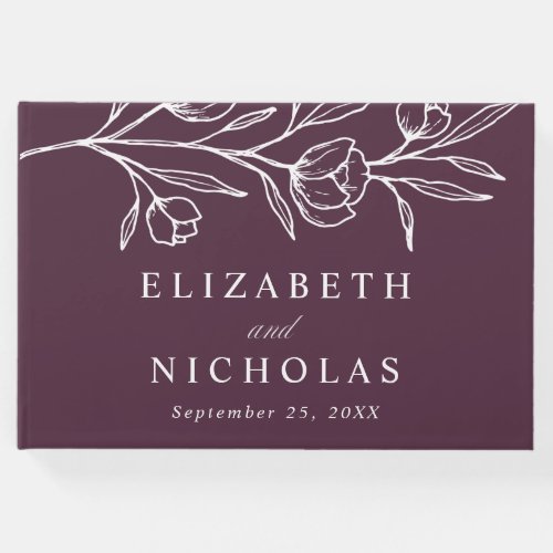 Sketched Purple Floral Photo Wedding Guest Book