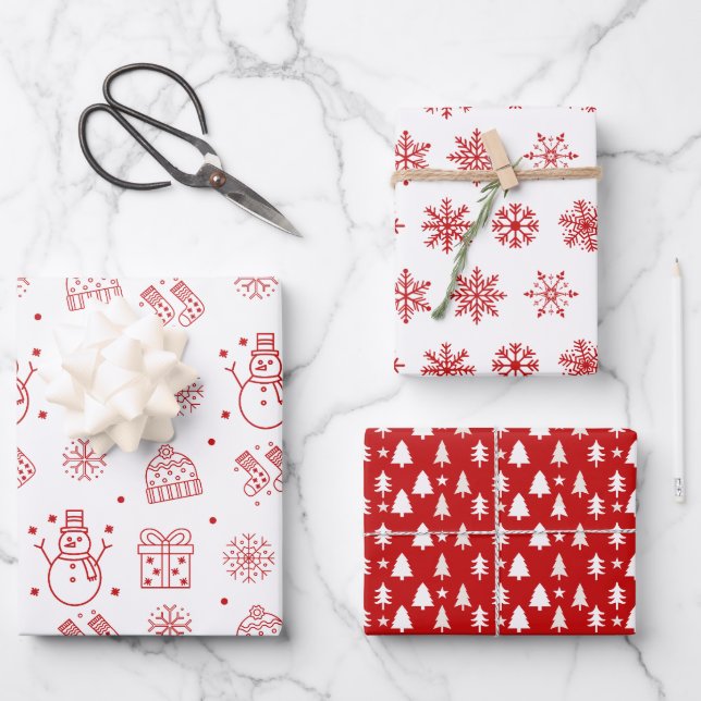 Sketched Red White Holiday Wrapping Paper (Front)