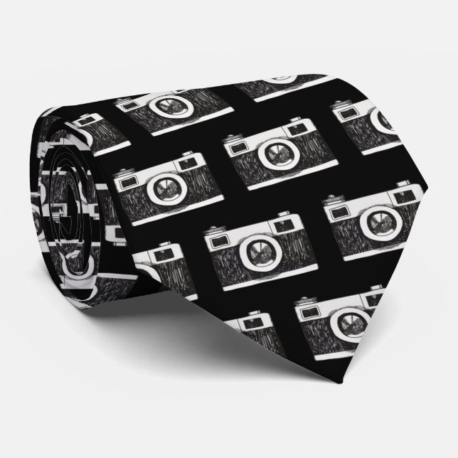 sketched retro camera pattern neck tie (Rolled)