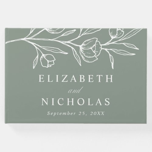 Sketched Sage Green Floral Photo Wedding Guest Book