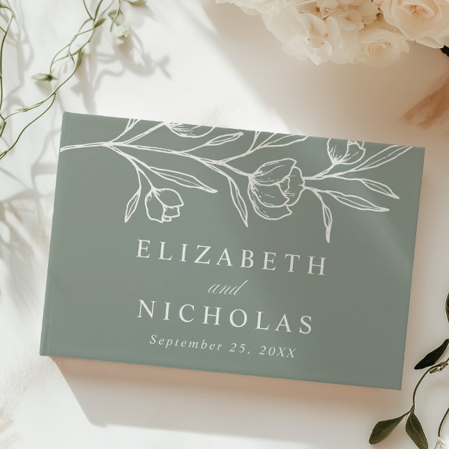 Sketched Sage Green Floral Photo Wedding Guest Book (Creator Uploaded)