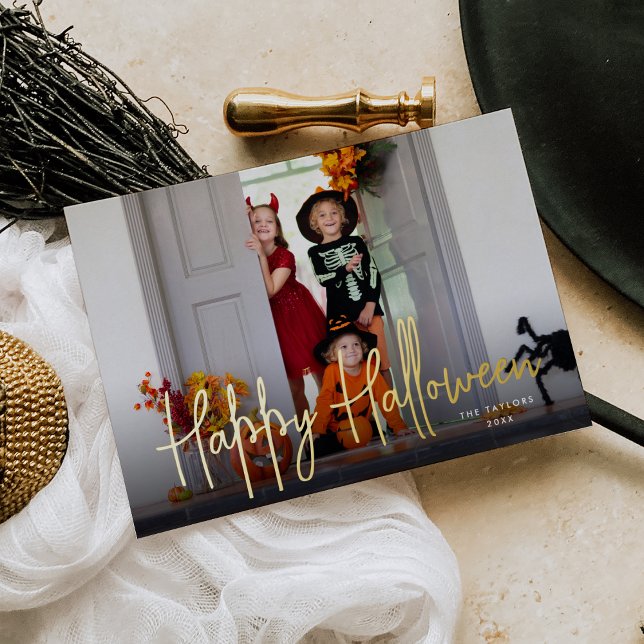 Sketched Script Halloween Photo Foil Holiday Card (Creator Uploaded)
