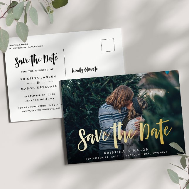 Sketched Script | Photo Wedding Save the Date Foil Invitation Postcard (Creator Uploaded)