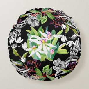 Sketched snowdrops and blooming orchids flowers se round pillow