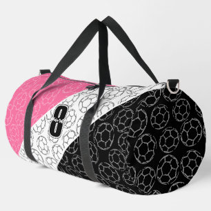 sketched soccer balls line art pink black white duffle bag