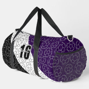 sketched soccer balls line art purple black white duffle bag
