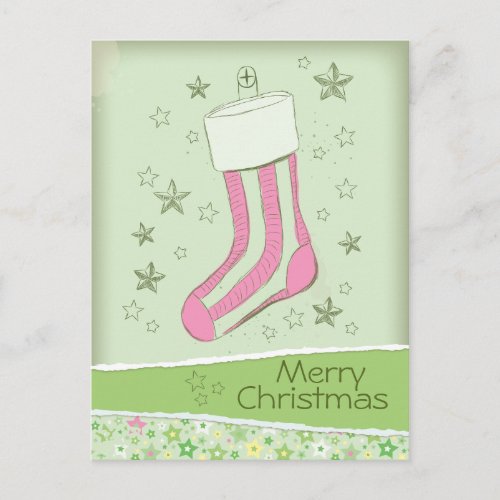 sketched stocking Pink Christmas Holiday Postcard