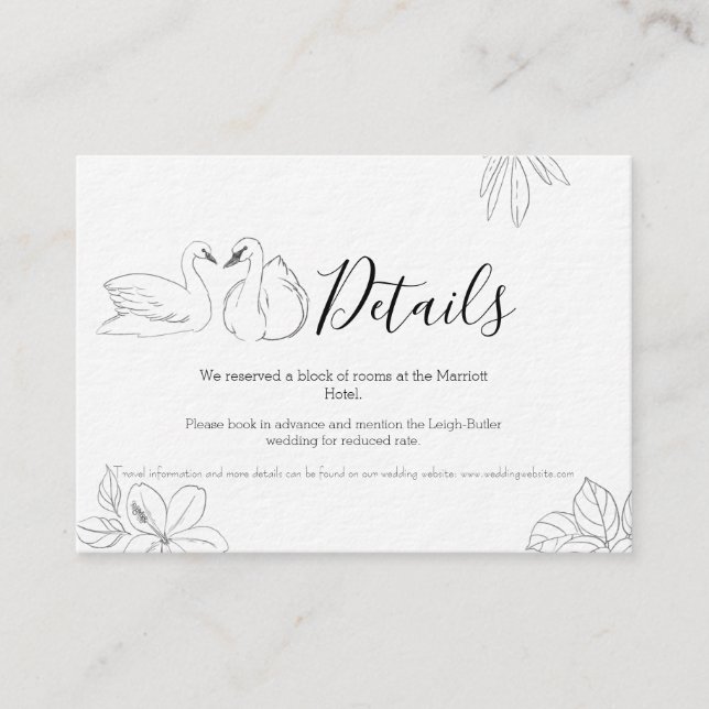 Sketched Swan and Floral Wedding Details Card (Front)