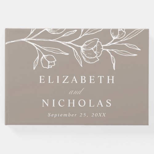 Sketched Taupe Floral Photo Wedding Guest Book