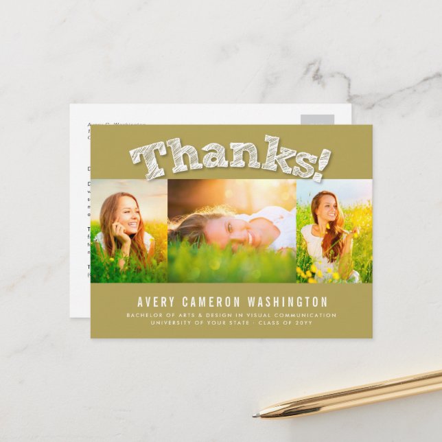 Sketched Thanks Multi 3 Photo Graduation Thank You Postcard (Front/Back In Situ)