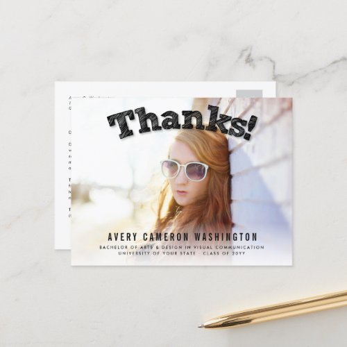 Sketched Thanks Photo Modern Graduation Thank You Postcard