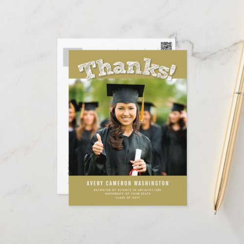 Sketched Thanks Photo Modern Graduation Thank You Postcard