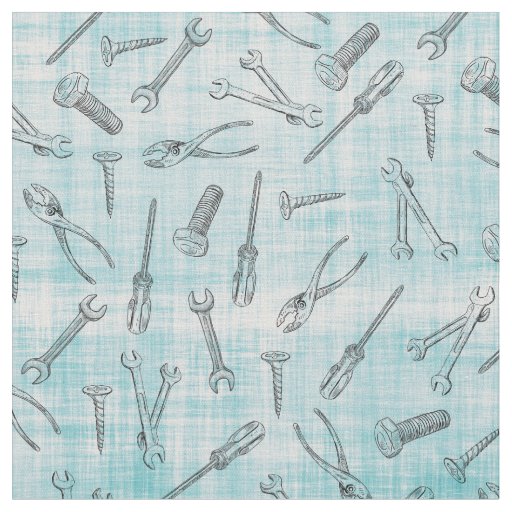Sketched Tools on Blue & White Fabric