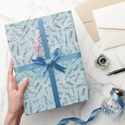Sketched Tools on Blue &amp; White Linen Wrapping Paper