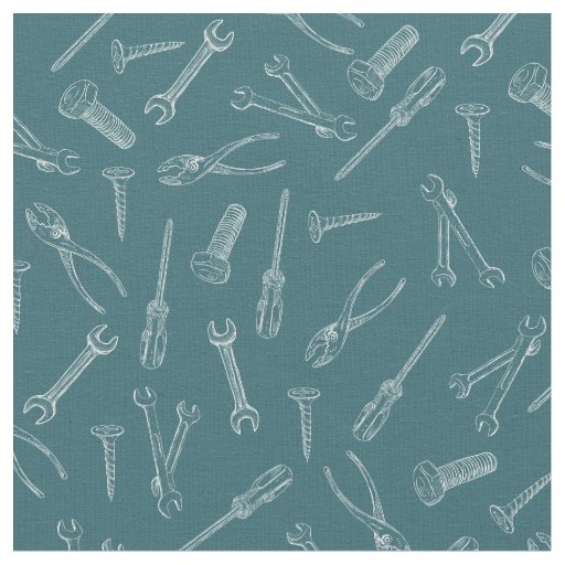 Sketched Tools on Peacock Blue Fabric