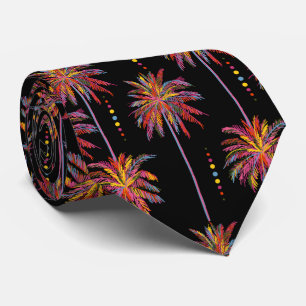 Sketched Tropical Neon Palm Trees & Dots on Black Neck Tie