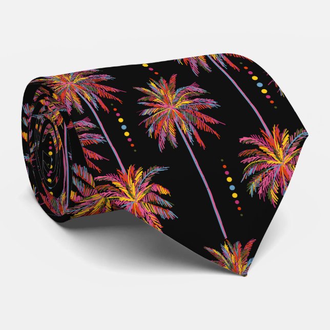 Sketched Tropical Neon Palm Trees & Dots on Black Neck Tie (Rolled)