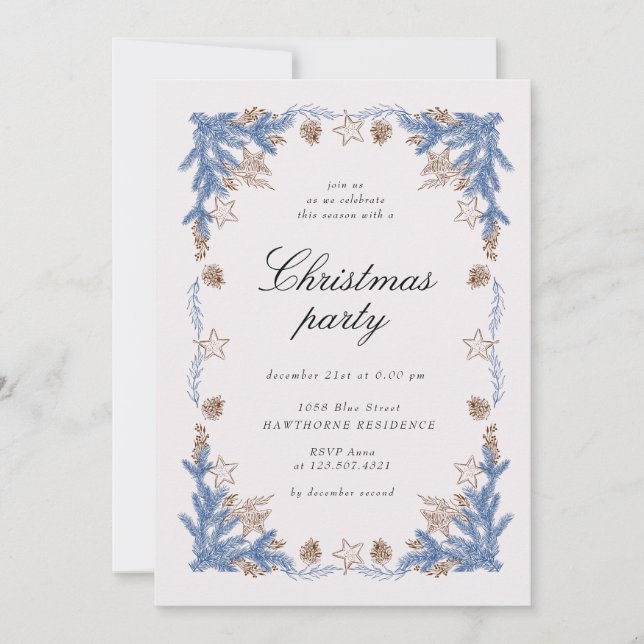 Sketched Vintage Blue Golden Christmas Party Invitation (Front)