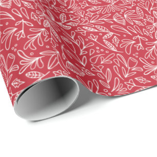 Sketched white and red foliage/floral design wrapping paper