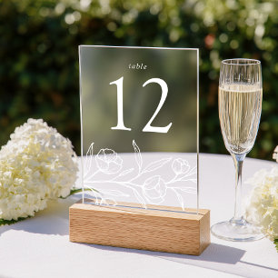 Sketched White Floral Acrylic Wedding Table Number