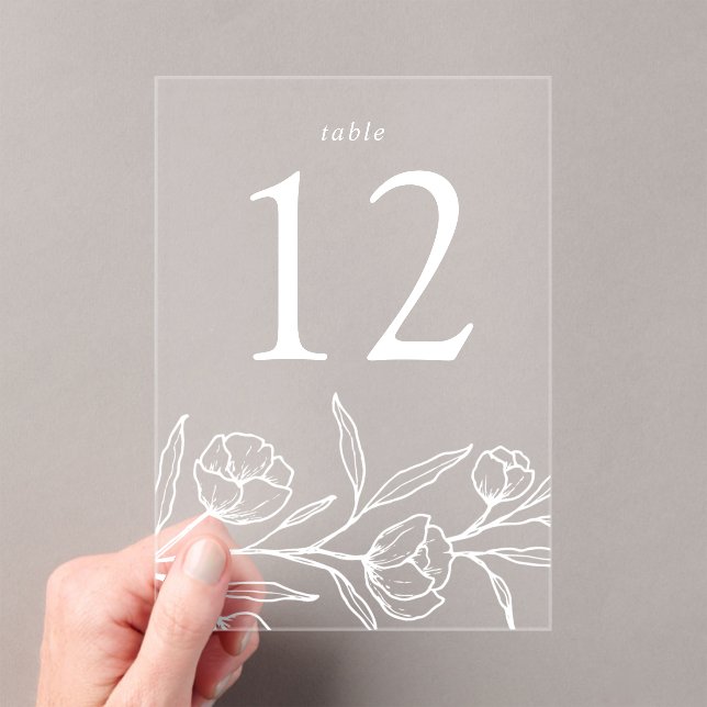 Sketched White Floral Acrylic Wedding Table Number (Insitu (Handheld))