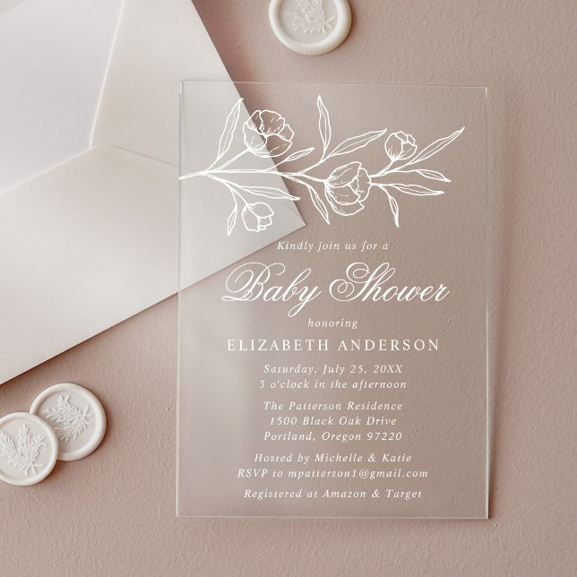 Sketched White Floral Baby Shower Acrylic Invitations (Creator Uploaded)