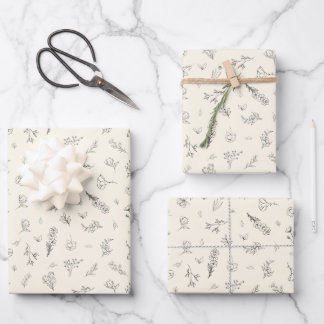 Sketched Wildflowers on Beige Wrapping Paper Sheets