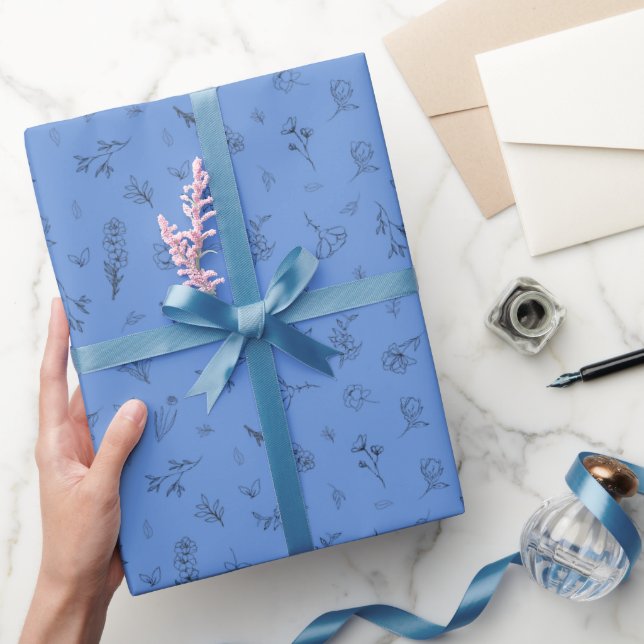 Sketched Wildflowers on Blue Wrapping Paper (Gifting)