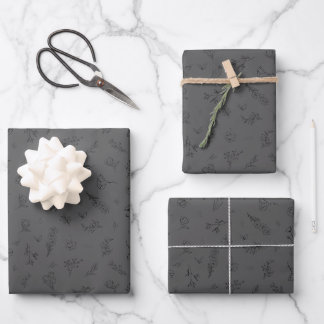 Sketched Wildflowers on Dark Gray Wrapping Paper Sheets