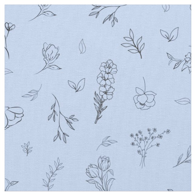 Sketched Wildflowers on Light Blue Fabric (Close Up)