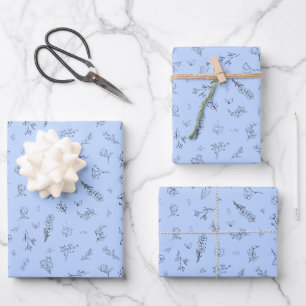 Sketched Wildflowers on Light Blue Wrapping Paper Sheets