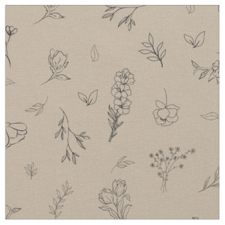 Sketched Wildflowers on Light Brown Fabric