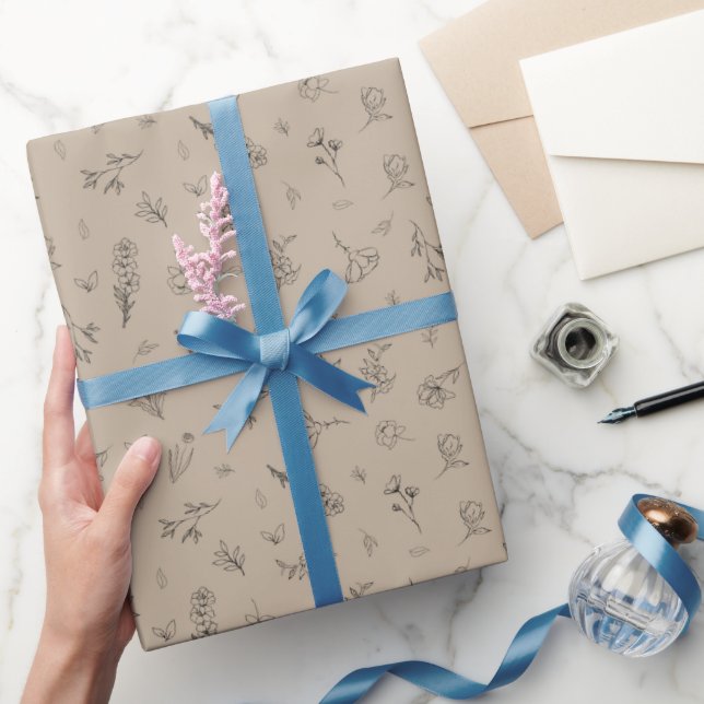 Sketched Wildflowers on Light Brown Wrapping Paper (Gifting)