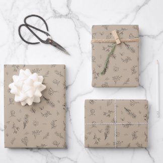 Sketched Wildflowers on Light Brown Wrapping Paper Sheets