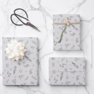 Sketched Wildflowers on Light Gray Wrapping Paper Sheets