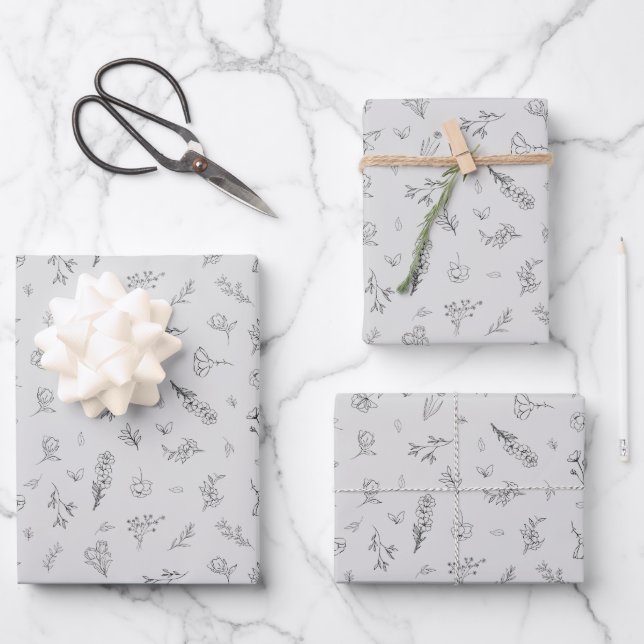 Sketched Wildflowers on Light Gray Wrapping Paper Sheets (Front)
