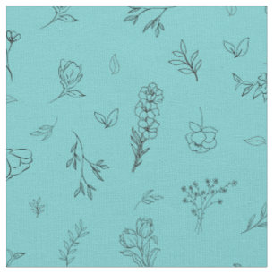 Sketched Wildflowers on Light Teal Fabric