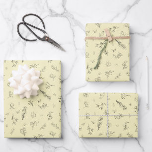 Sketched Wildflowers on Light Yellow Wrapping Paper Sheets