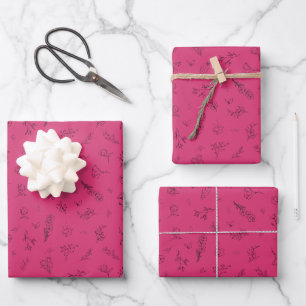 Sketched Wildflowers on Rose Pink Wrapping Paper Sheets
