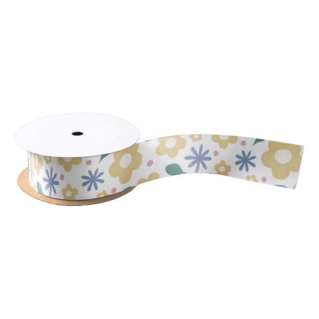 Sketched yellow and blue flowers satin ribbon (Spool)